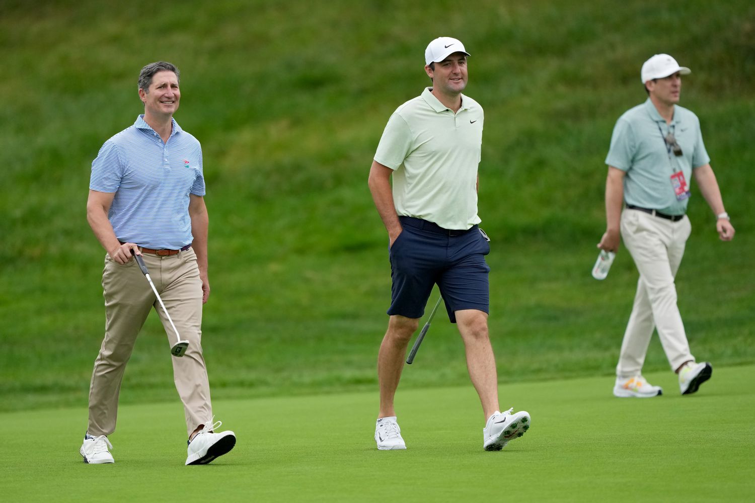 New Starbucks CEO Brian Niccol (L) and top-ranked golfer Scottie Scheffler during the Pro-Am event prior to the Memorial Tournament presented by Workday at Muirfield Village Golf Club on June 05, 2024 in Dublin, Ohio.