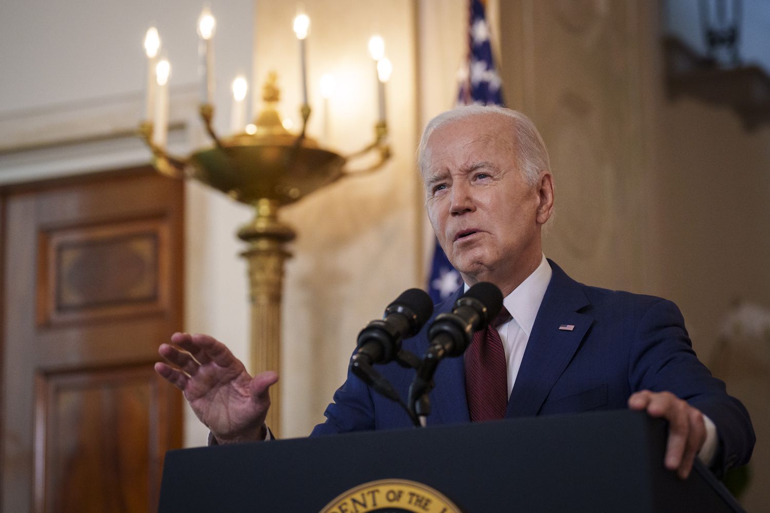 President Joe Biden delivers remarks on the one-year anniversary of the mass shooting in Uvalde, Texas at the Grand Staircase of the White House on May 24, 2023 in Washington, DC. 19 children and two teachers were killed when a gunman entered Robb Elementary School in Uvalde, Texas, opening fire on students and faculty. Biden also spoke briefly about the ongoing debt ceiling negotiations.