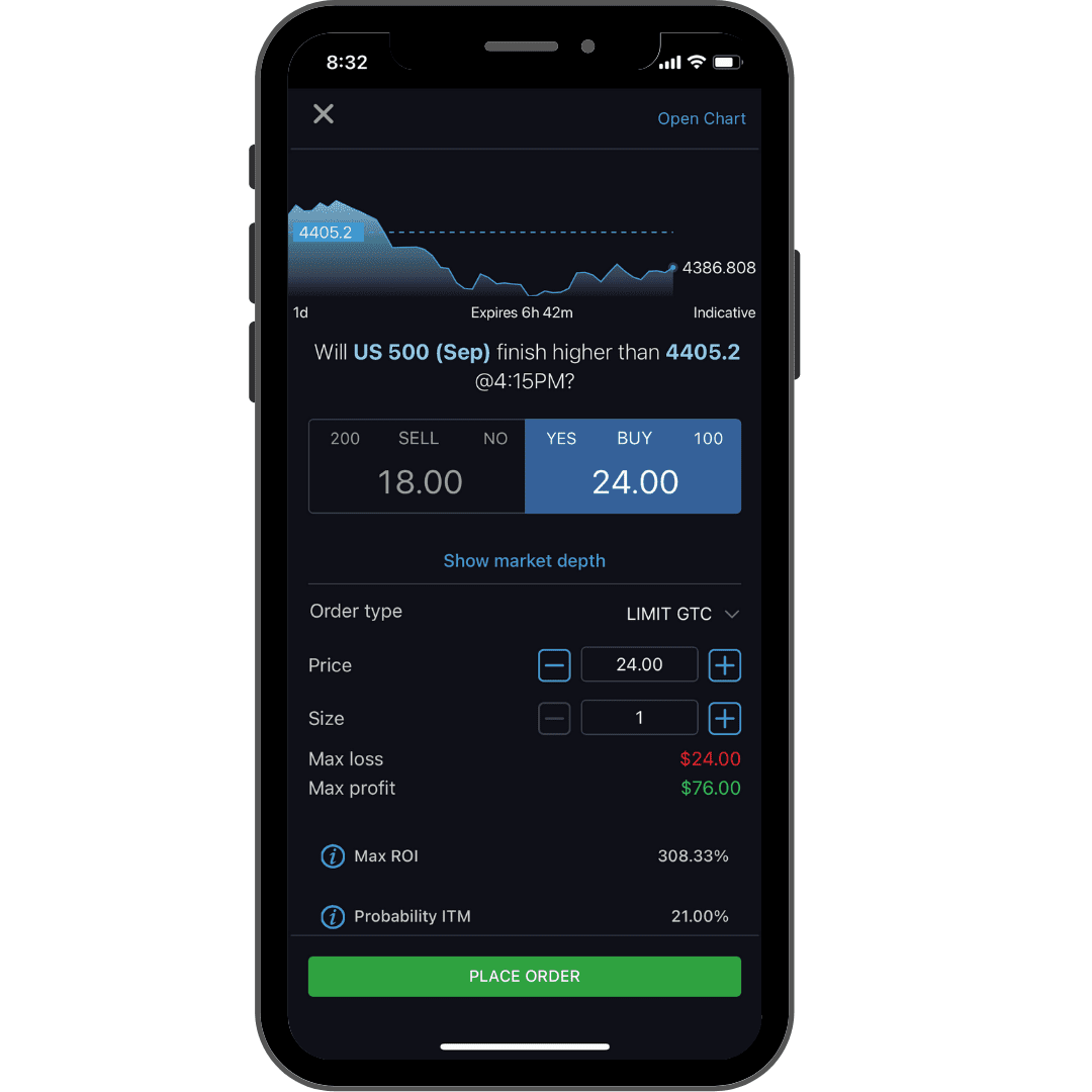 Screenshot of an iPhone using the Nadex app.