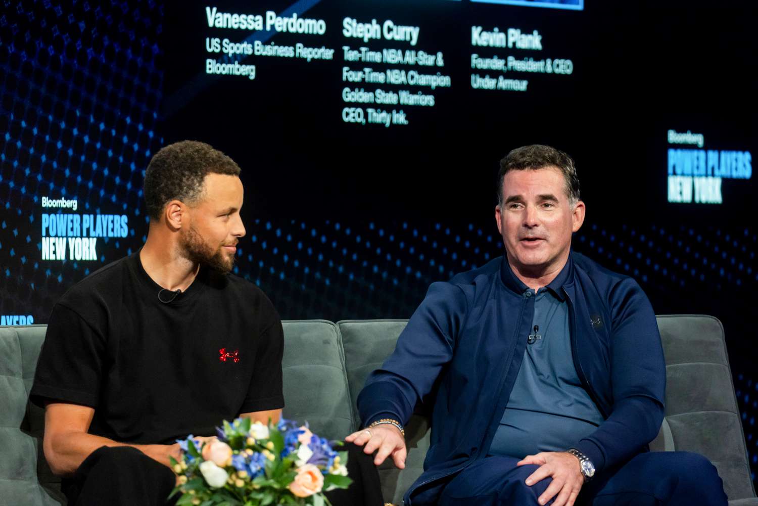 Stephen Curry, basketball player for the NBA's Golden State Warriors, left, and Kevin Plank, founder, president and chief executive officer of Under Armour Inc., right, during the Bloomberg Power Players New York event in New York, on Sept. 5, 2024. 