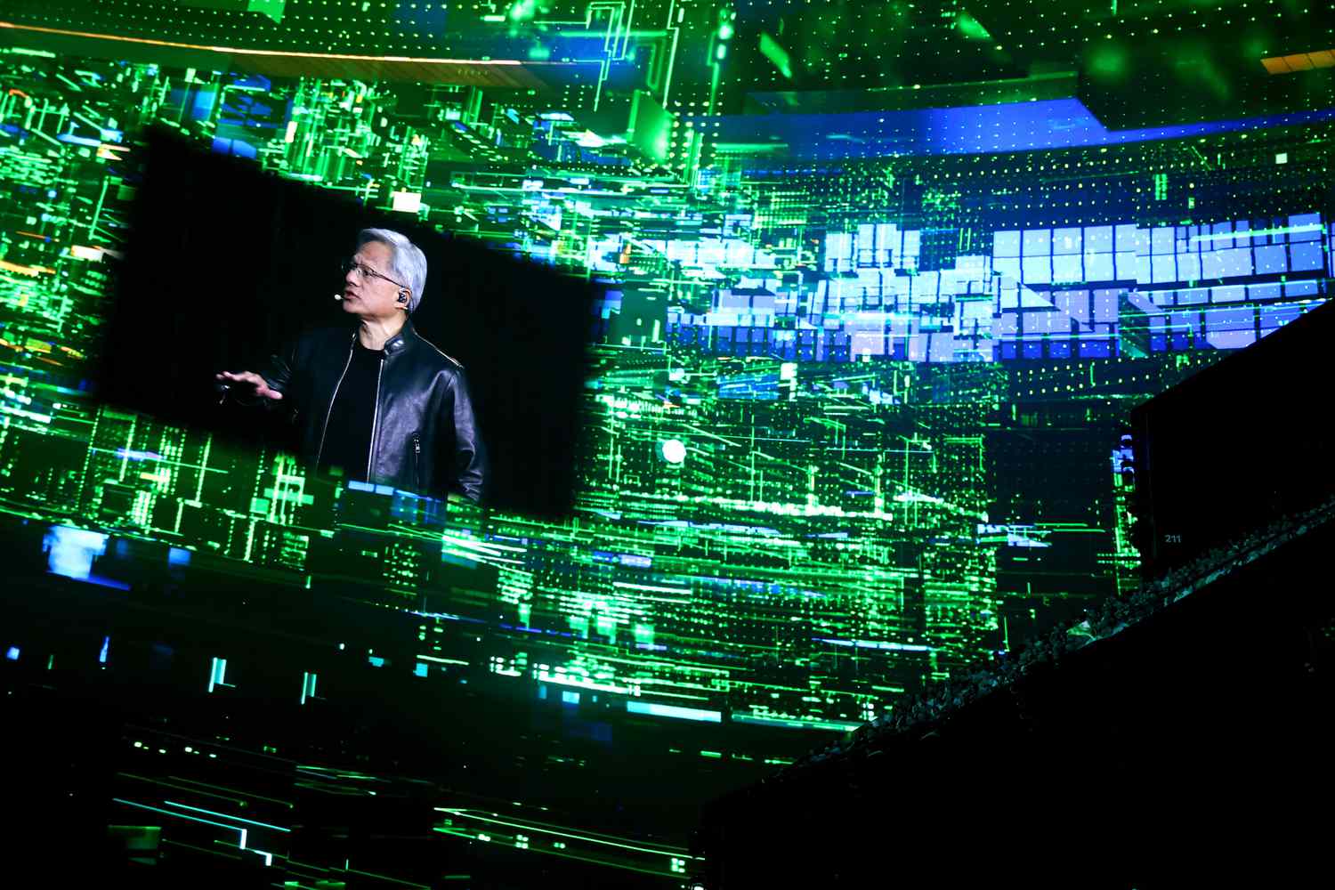 Jensen Huang, co-founder and chief executive officer of Nvidia Corp., during a keynote address at the HPE Discover event at the Sphere in Las Vegas, Nevada, on June 18, 2024