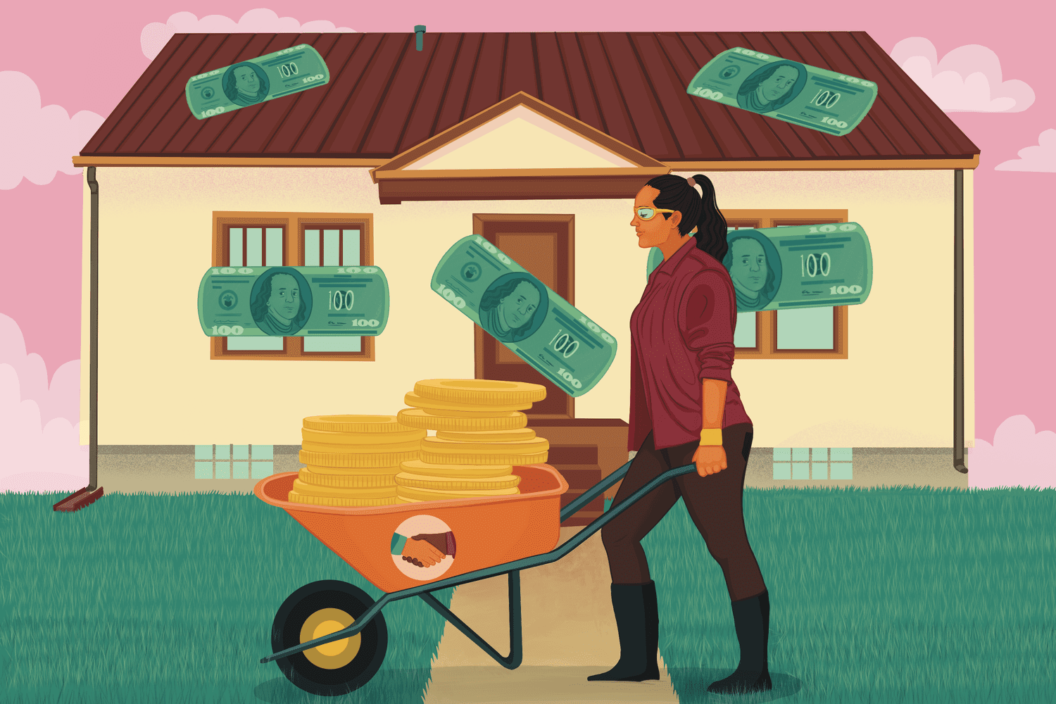 Person pushing a wheelbarrow filled with coins, in front of a house. 