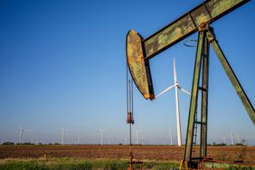 An oil pump jack is shown in a field in Nolan, Texas.