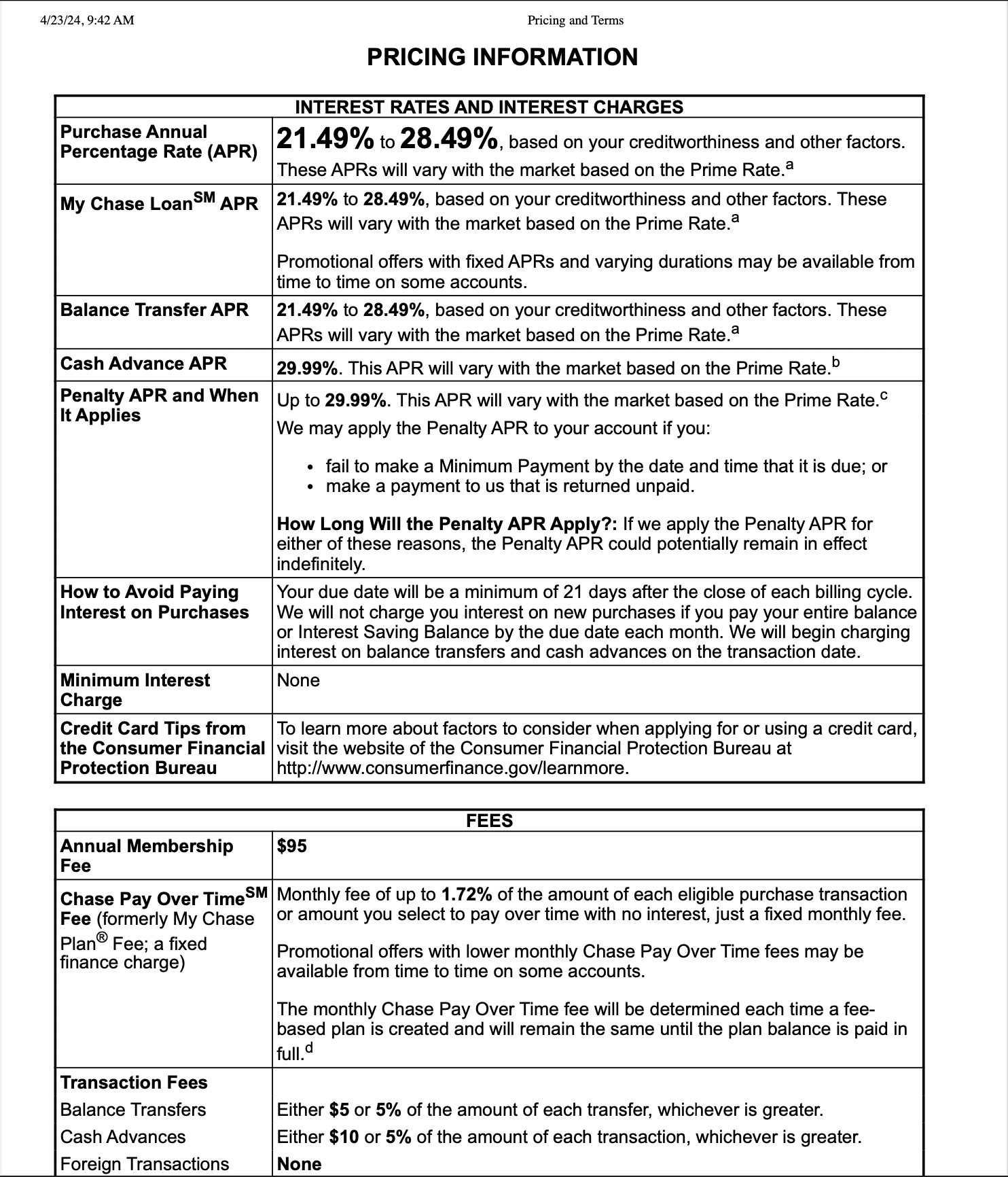 Chase Sapphire Preferred Pricing and Terms