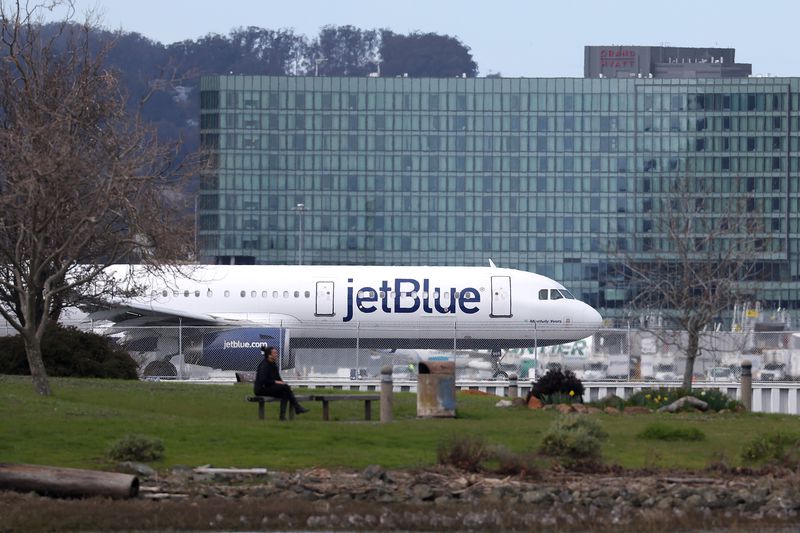 A JetBlue Airways plane prepares to take off from San Francisco International Airport on March 07, 2023 in San Francisco, California.