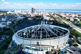 In this aerial view, the domed roof at Tropicana Field, the home of the Tampa Bay Rays, is seen ripped to shreds from Hurricane MiltonÃ­s powerful winds in St. Petersburg. The storm passed through the area on October 10, 2024, making landfall as a Category 3 hurricane in Siesta Key, Florida.