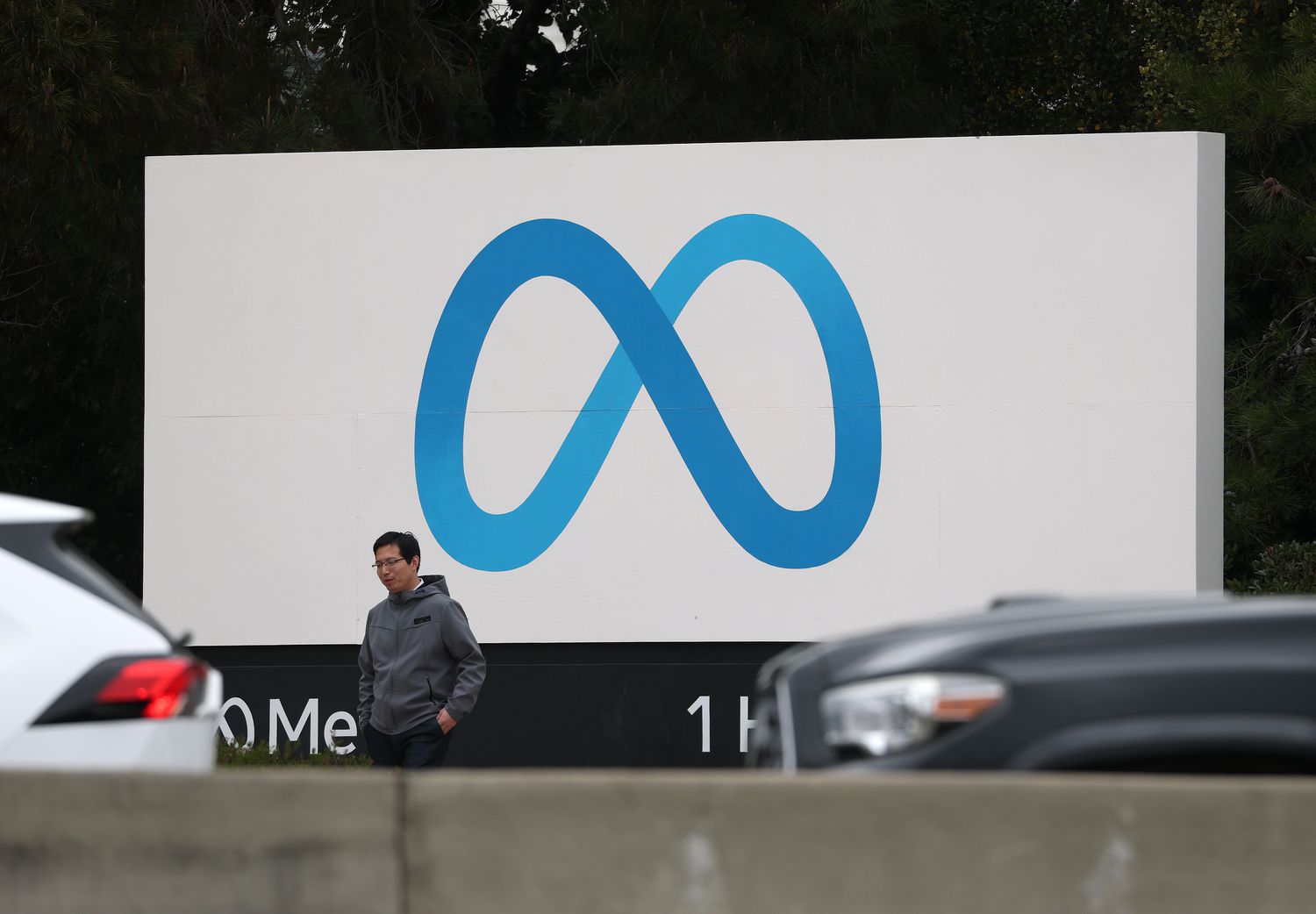 Sign in front of Meta headquarters in Menlo Park, California. 