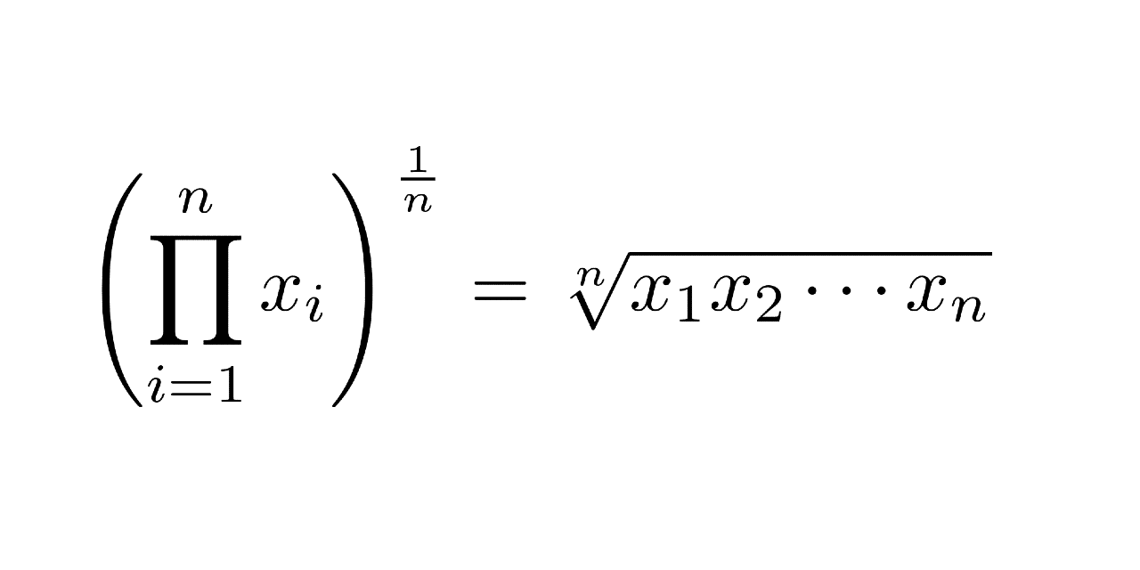 Geometric Mean= {[(1+Return1) x (1+Return2) x (1+Return3)...)]^(1/n)]} - 1
