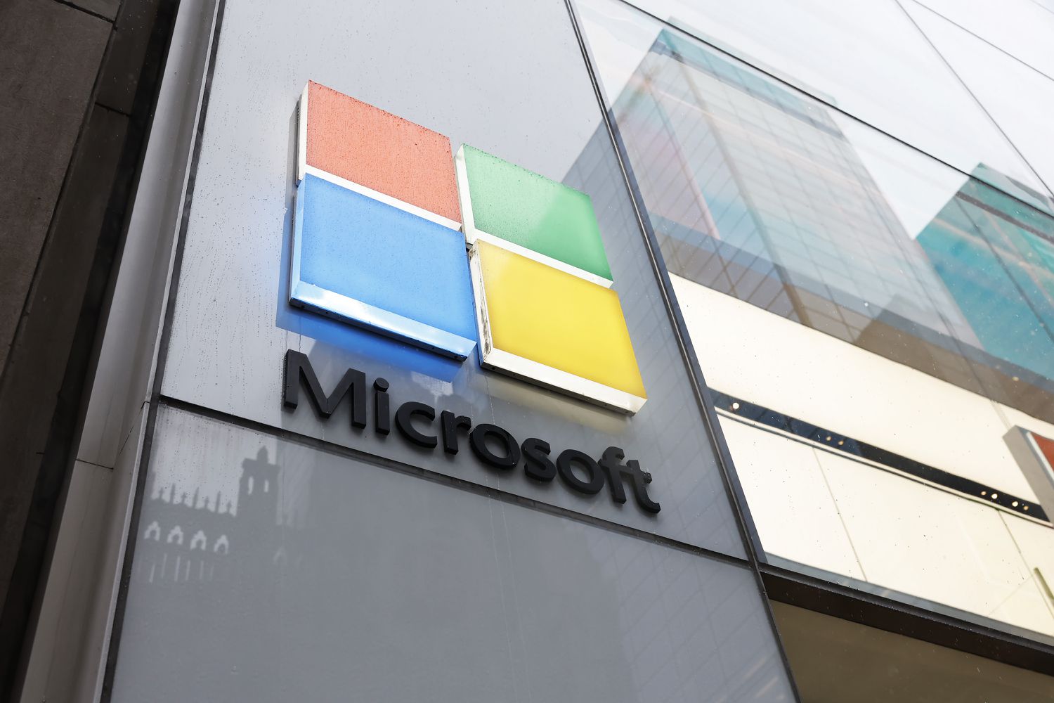 The Microsoft logo on a building.