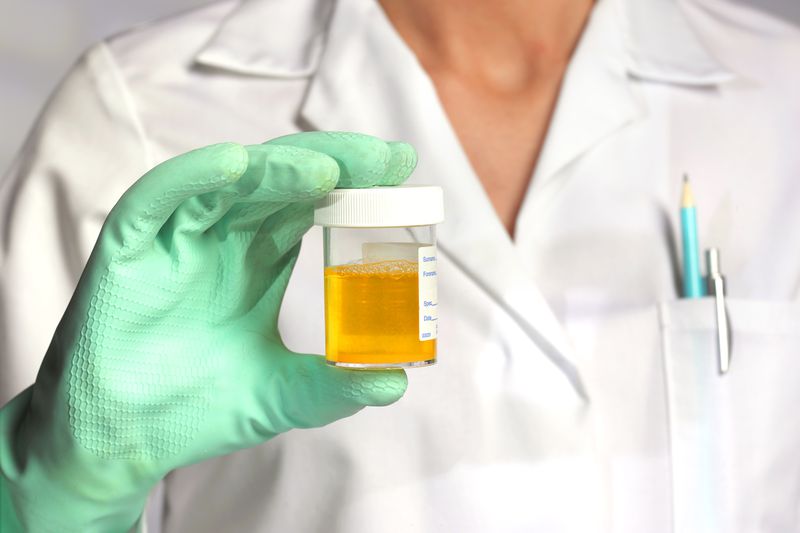 Doctor holding up urine sample for inspection