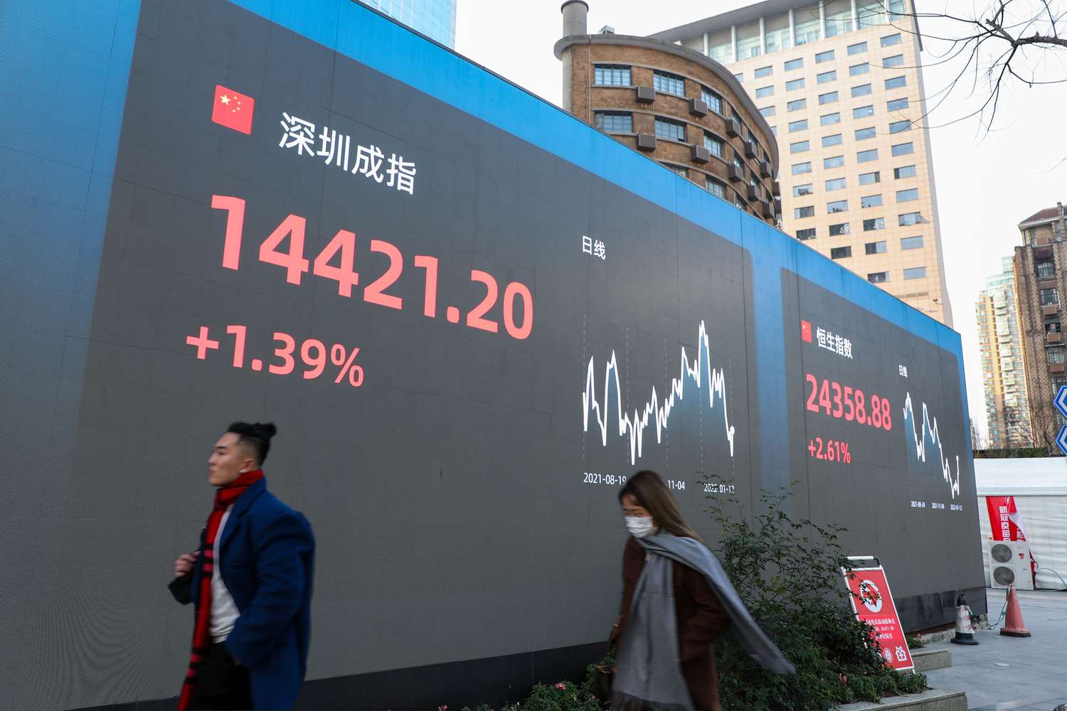 People walk past an electronic screen showing Shenzhen and Hang Seng stock index prices in Shanghai