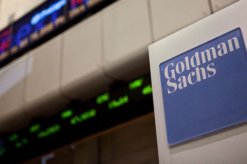 A Goldman Sachs logo is displayed on the floor of the New York Stock Exchange in New York City.