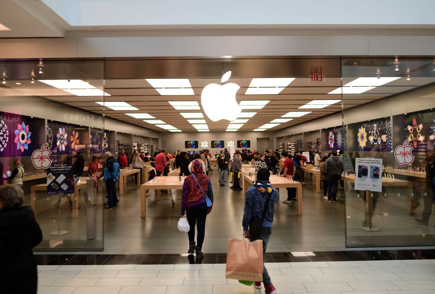 People coming in and out of an Apple Store.