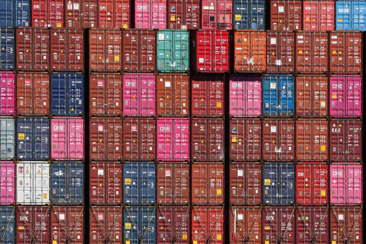 Shipping containers are seen on a cargo ship at the Port Jersey Container Terminal in Jersey City, New Jersey on April 8, 2025. 