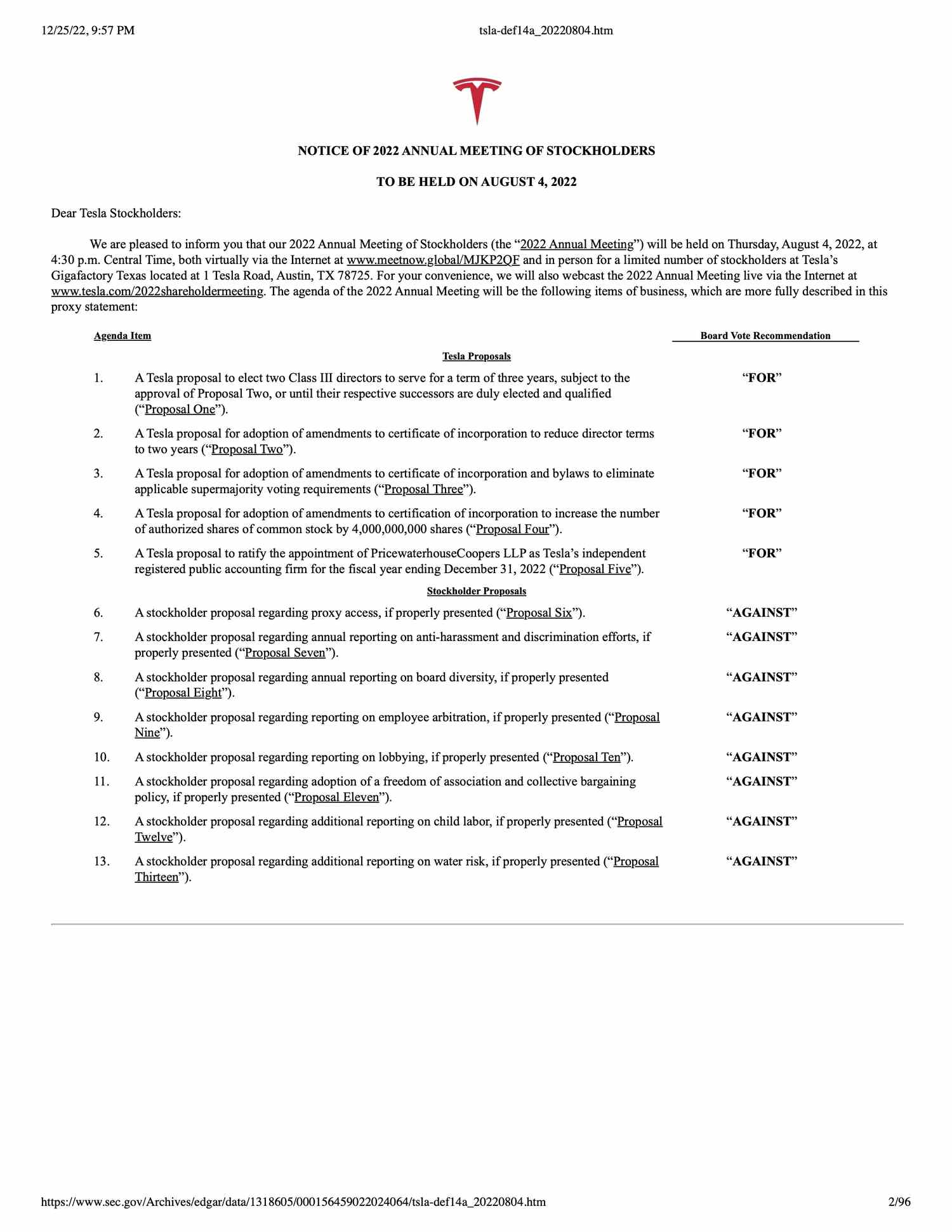 A page from Tesla's proxy statement in 2022