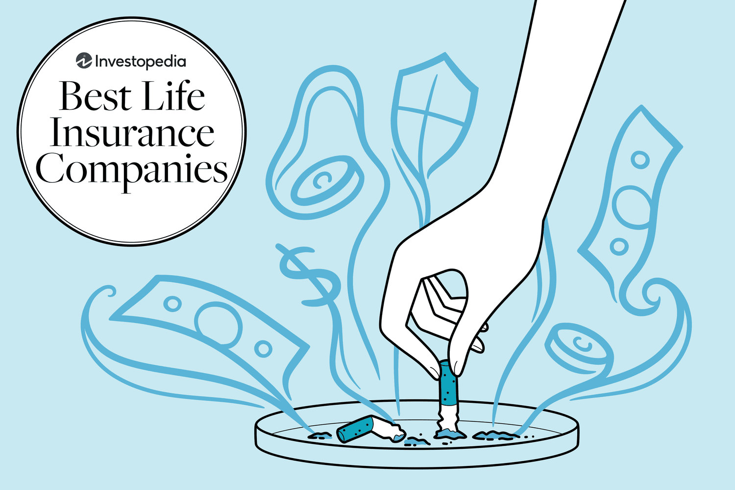 Illustration of a hand stubbing out a cigarette in an ashtray, surrounded by images of money and symbols of health and wellness