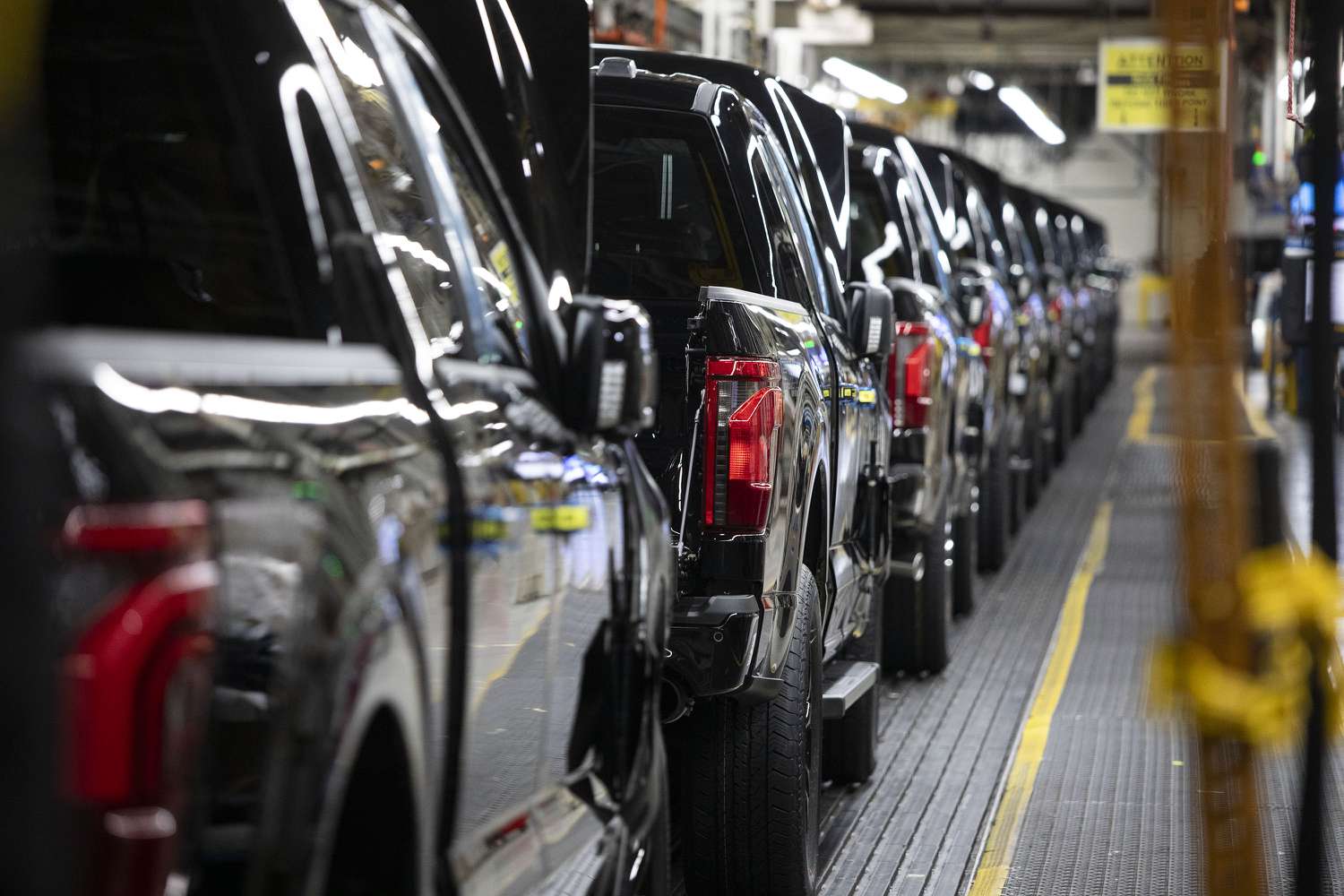 New Ford F-150 trucks go through the assembly line at the Ford Dearborn Plant