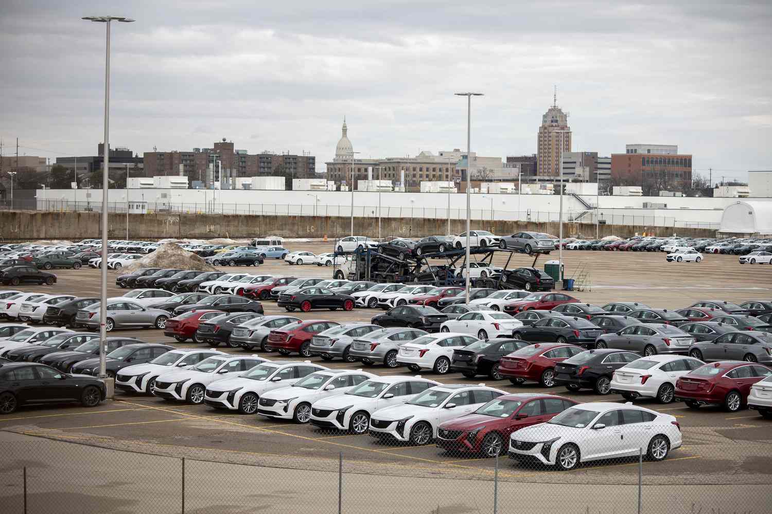 New General Motors vehicles are parked at the GM Lansing Grand River Assembly plant.