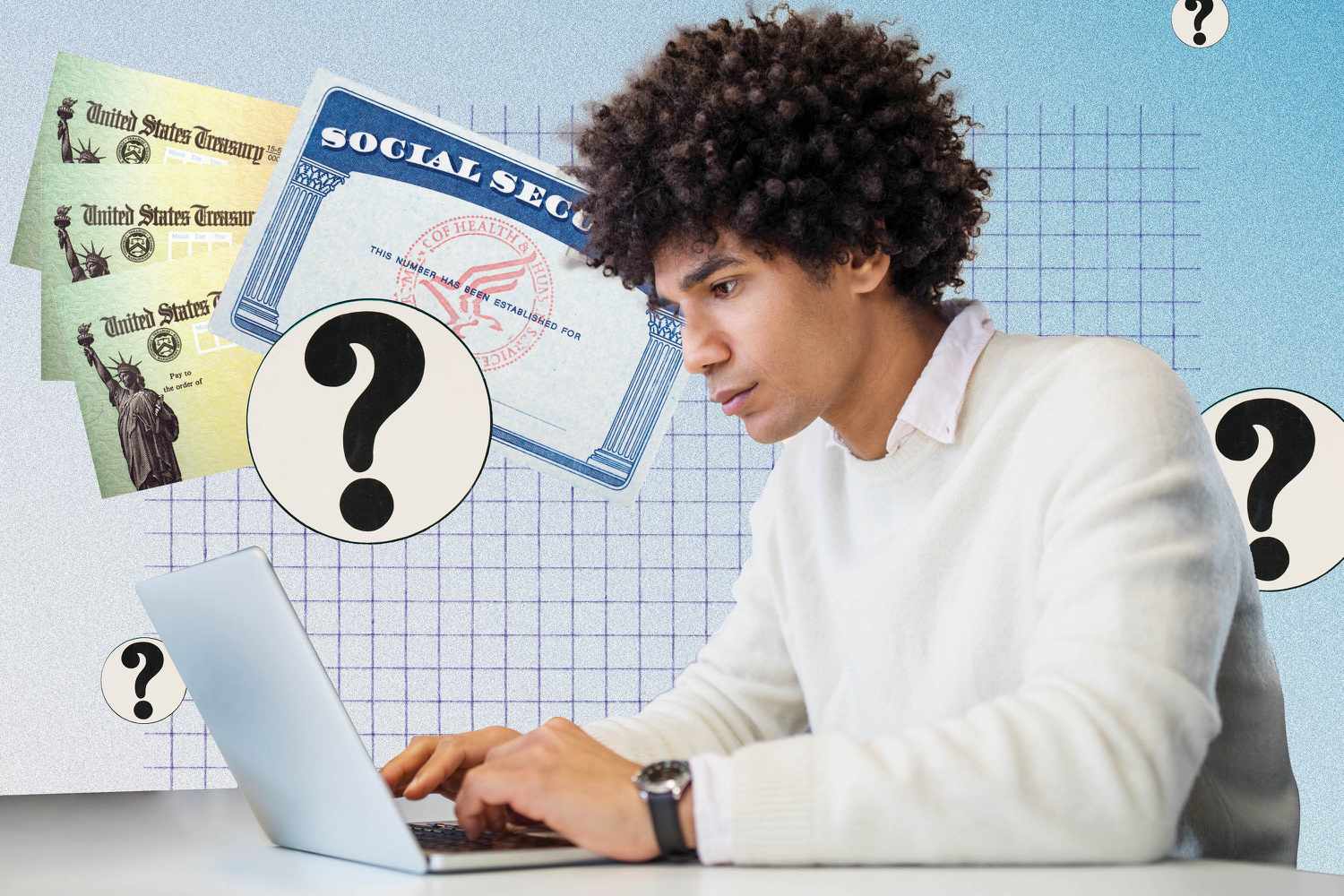 Illustration of a young man working on laptop with Social Security card and checks in the background