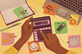 Person’s hands are shown using a calculator to add up annual home maintenance costs.
