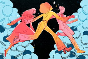 Illustration of three women dancing in from of clouds make of coins with a starry sky behind them and sparkles in the air.