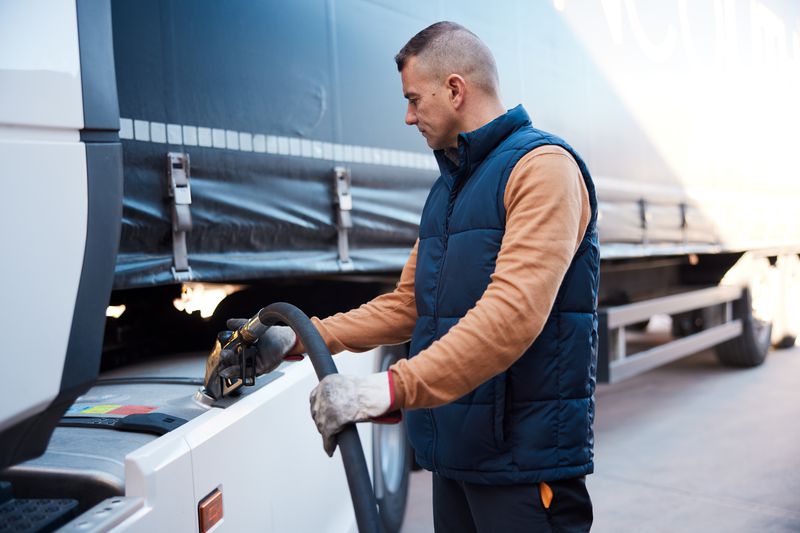 Truck driver refueling his truck