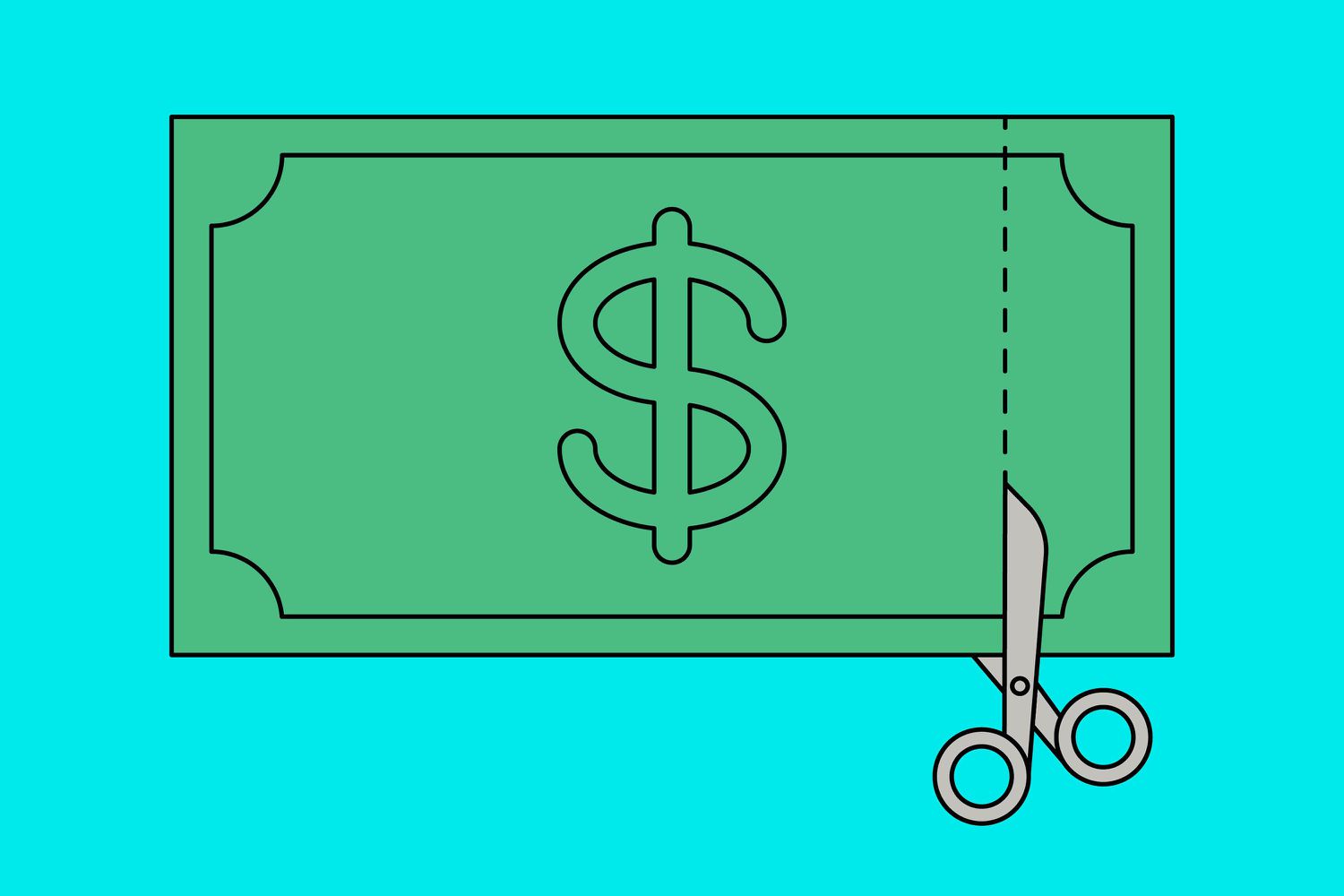 Illustration of scissors cutting a dollar bill. 