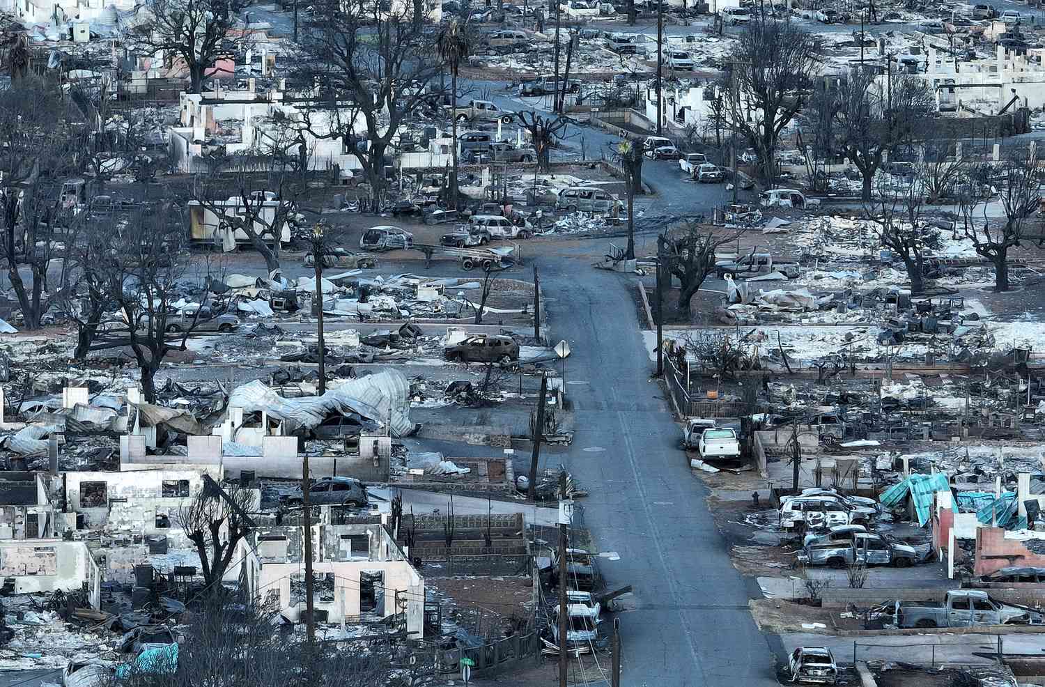 In an aerial view, burned cars and homes are seen in a neighborhood that was destroyed by a wildfire on August 18, 2023 in Lahaina, Hawaii. At least 111 people were killed and thousands were displaced after a wind driven wildfire devastated the towns of Lahaina and Kula early last week. Crews are continuing to search for missing people. 