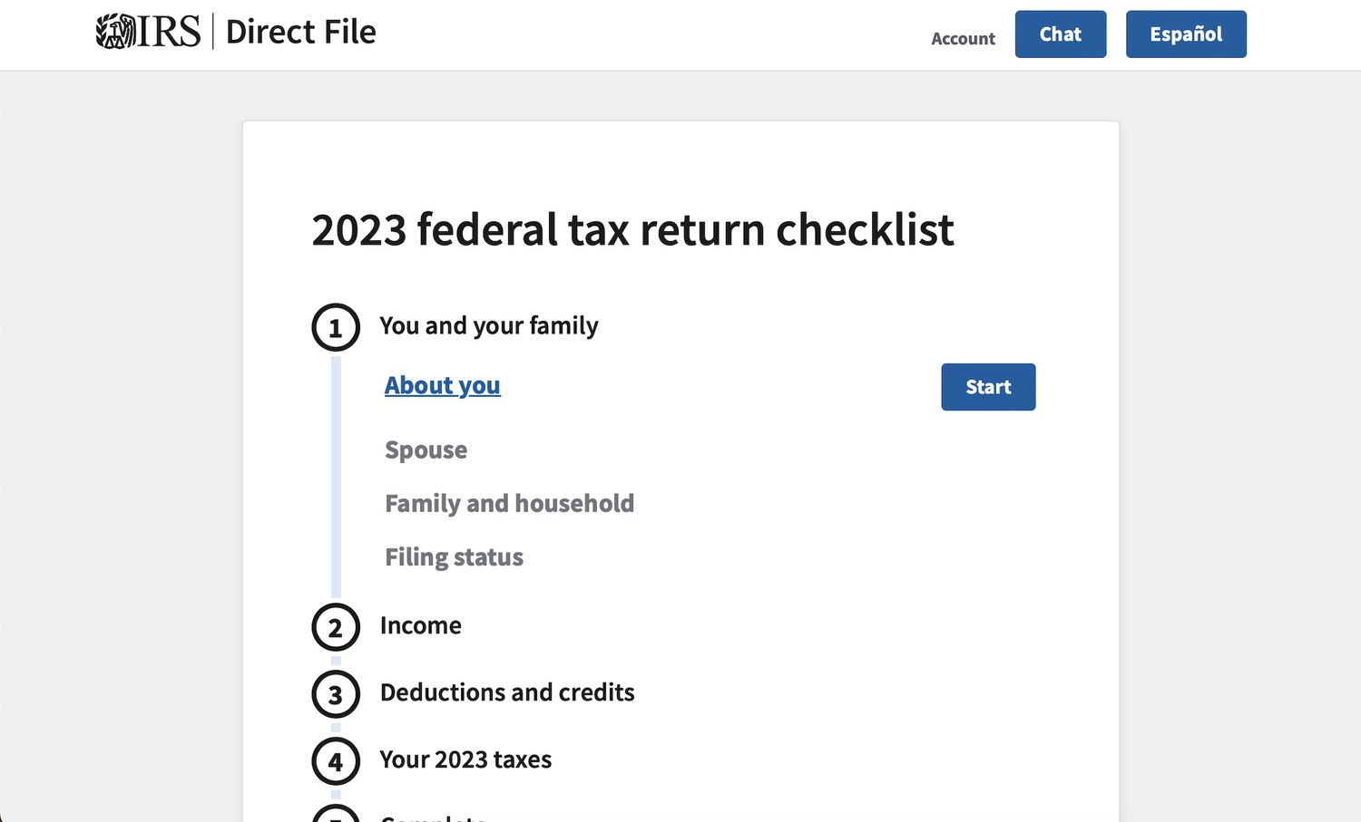 A screenshot of the IRS Direct File tool. 