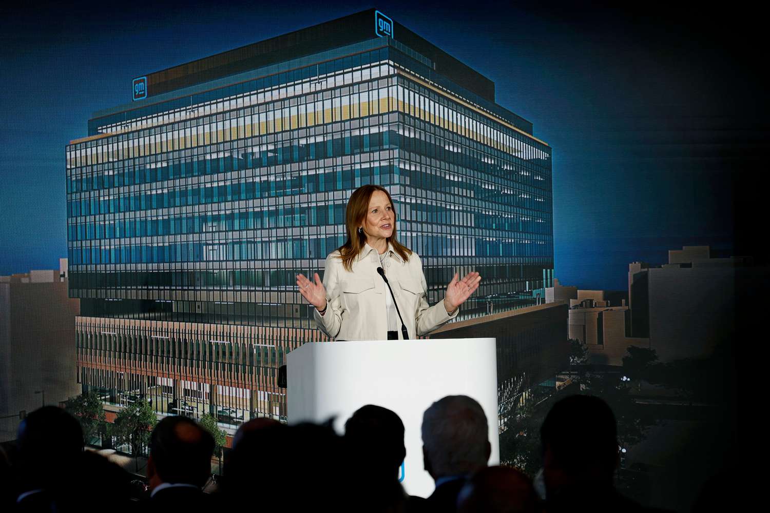 Mary Barra, chair and chief executive officer of General Motors Co., during a news conference at the Hudson's building in Detroit, Michigan, US, on Monday, April 15, 2024.