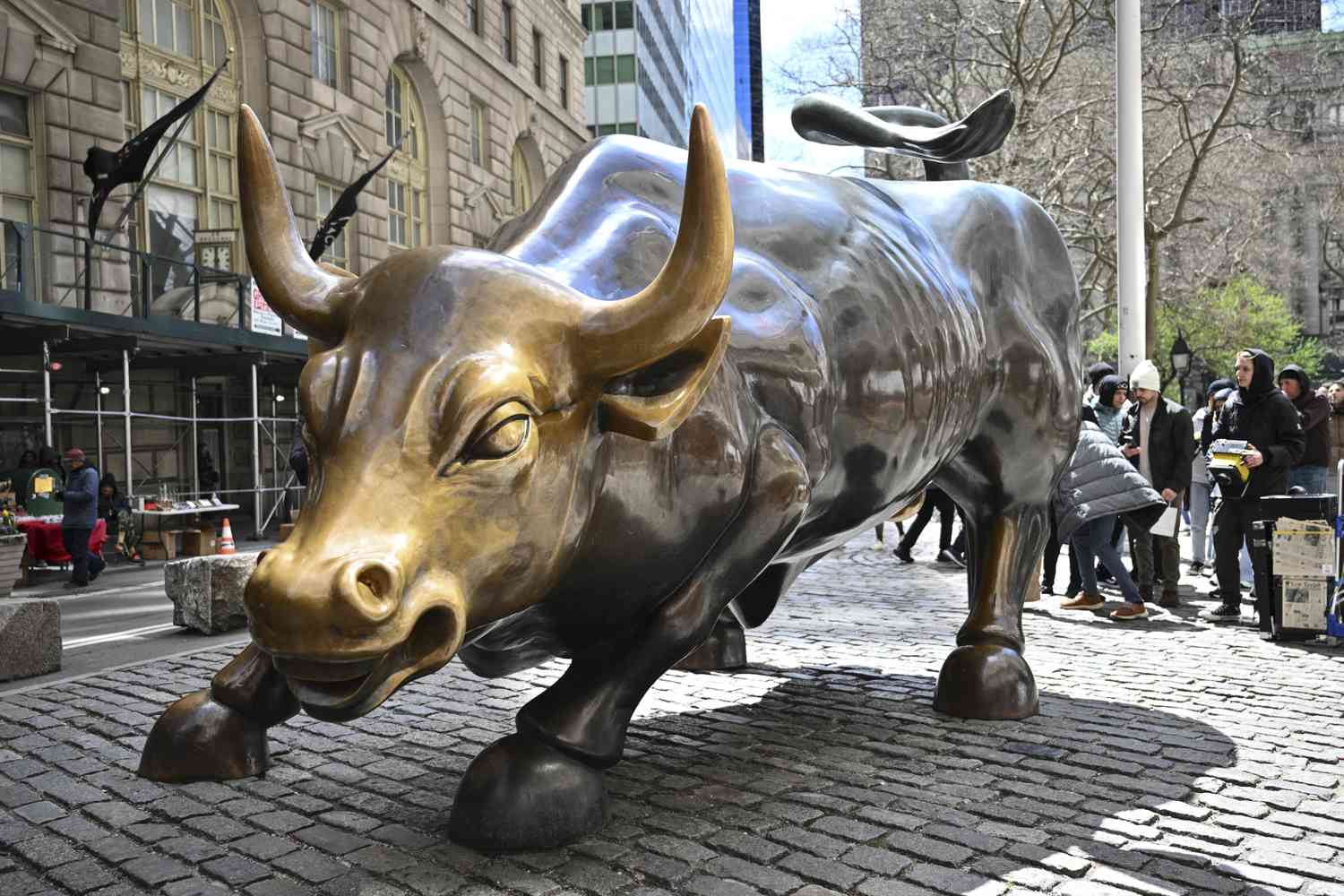The Charging Bull sculpture near the New York Stock Exchange (NYSE) in the Financial District in New York City on April 8, 2025. 