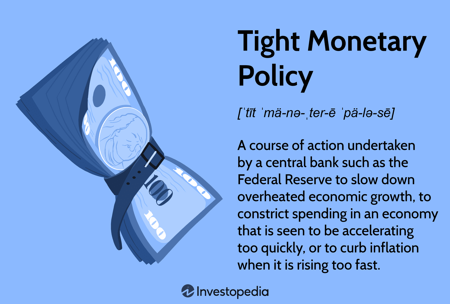 Tight Monetary Policy: A course of action undertaken by a central bank such as the Federal Reserve to slow down overheated economic growth, to constrict spending in an economy that is seen to be accelerating too quickly, or to curb inflation when it is rising too fast.