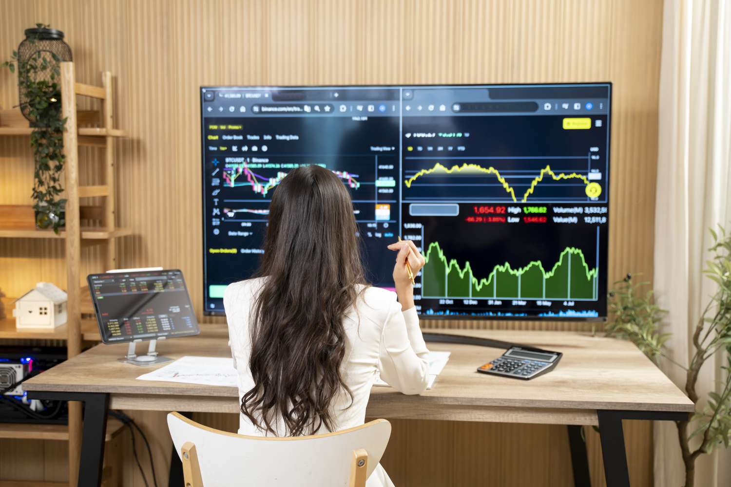 A trader sits in front of a large screen showing trend reversals on a security they follow.