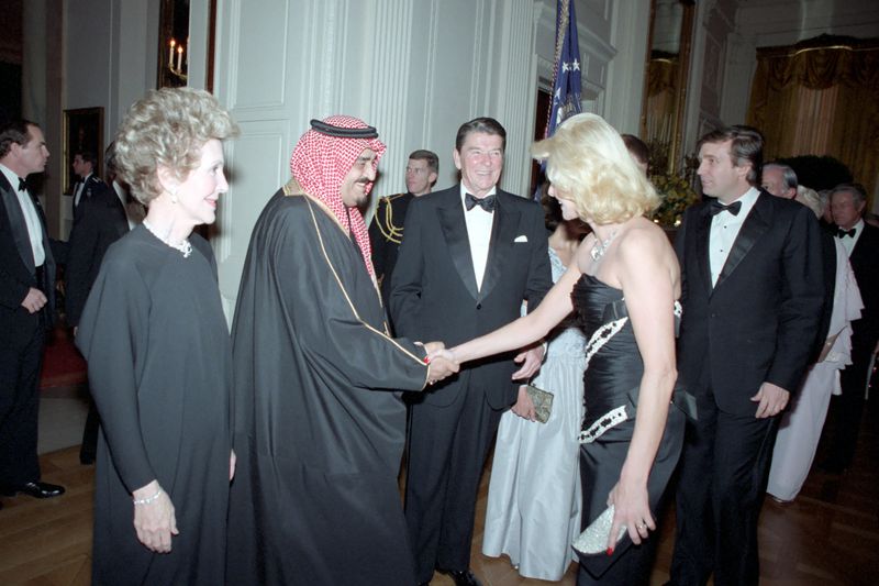 King Fahd with US President Ronald Reagan and future US President Donald Trump in 1985. The US and Saudi Arabia supplied money and arms to the anti-Soviet mujahideen fighters in Afghanistan.