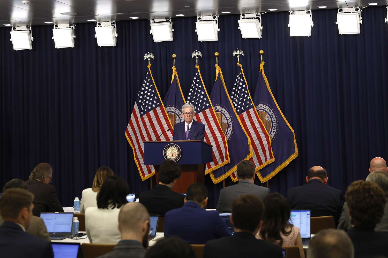Federal Reserve Bank Chair Jerome Powell announces that interest rates will remain unchanged during a news conference at the Federal ReservesÃ¢ÂÂs William McChesney Martin building on June 12, 2024 in Washington, DC. Following the two-day Federal Open Markets Committee meeting Powell said the Fed has decided to keep their current rate range of 5.25-5.50 percent and signaled that it believes long-run rates will stay higher than previously indicated. 