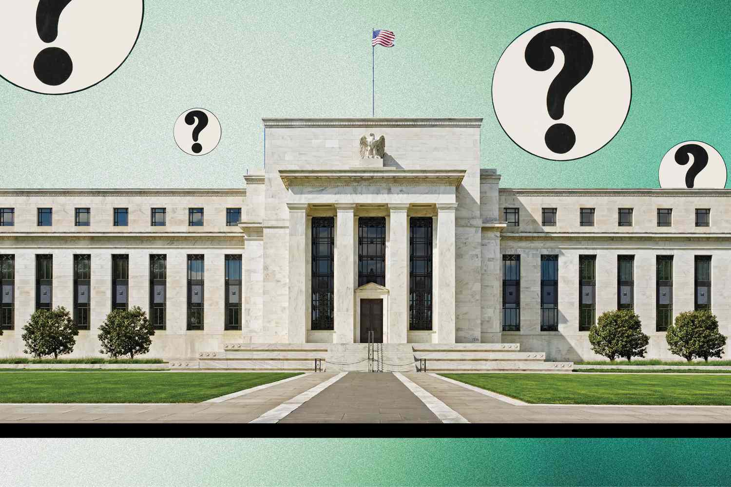A photo composite shows the Federal Reserve building with question marks around it. 