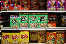 Boxes of Kellogg's cereals displayed on store shelves