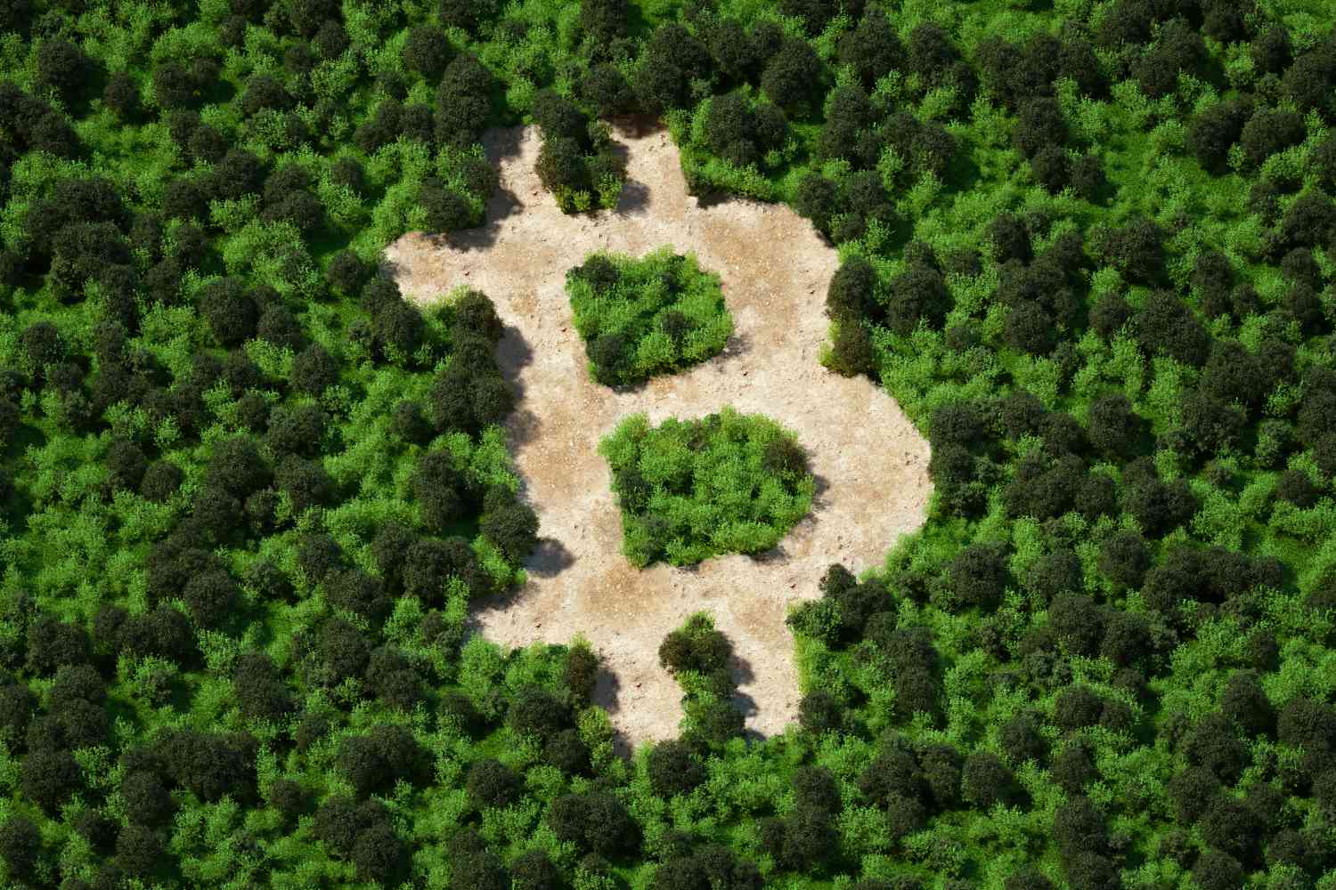 Bitcoin symbol cut out of a forest arial view. 