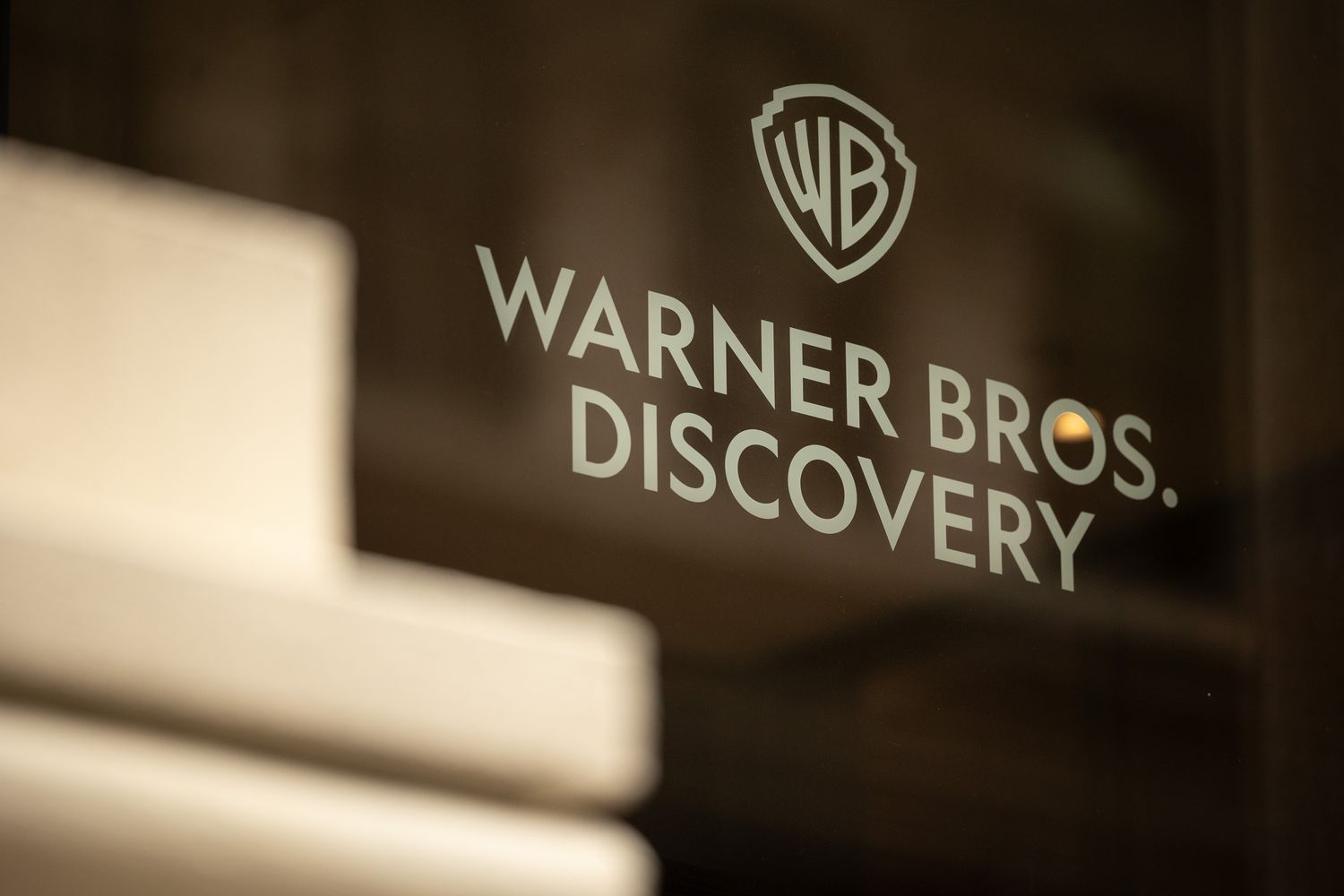 Signage at a Warner Bros Discovery office in New York