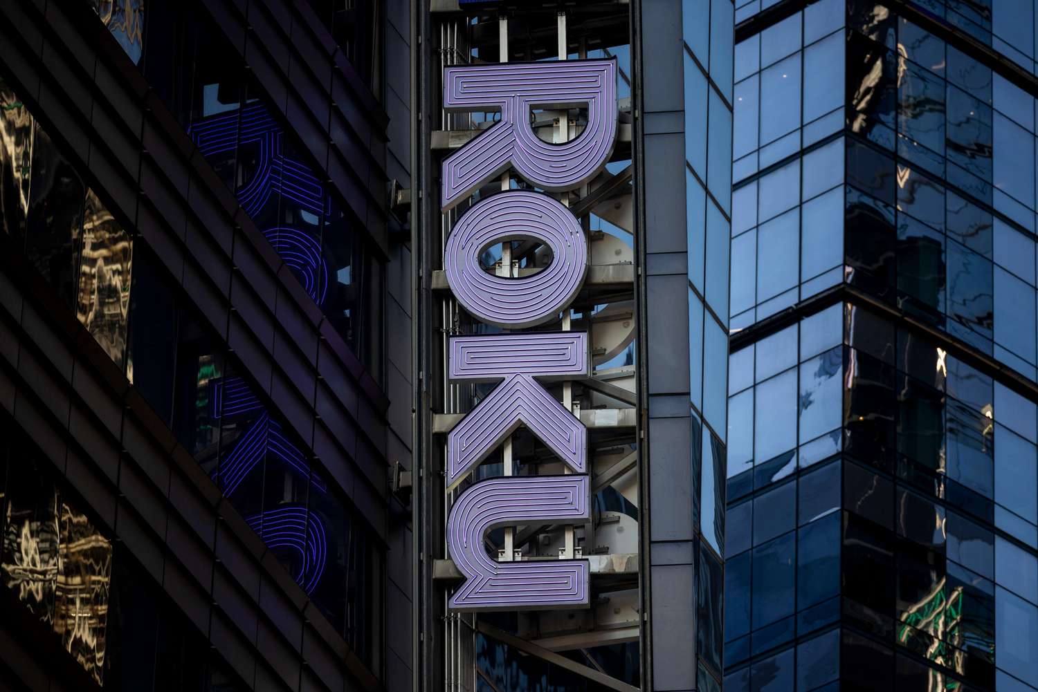 Roku, Inc. signage on an office building at 5 Times Square in New York.