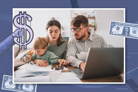 illustration showing a couple, with a a child discussing family finances