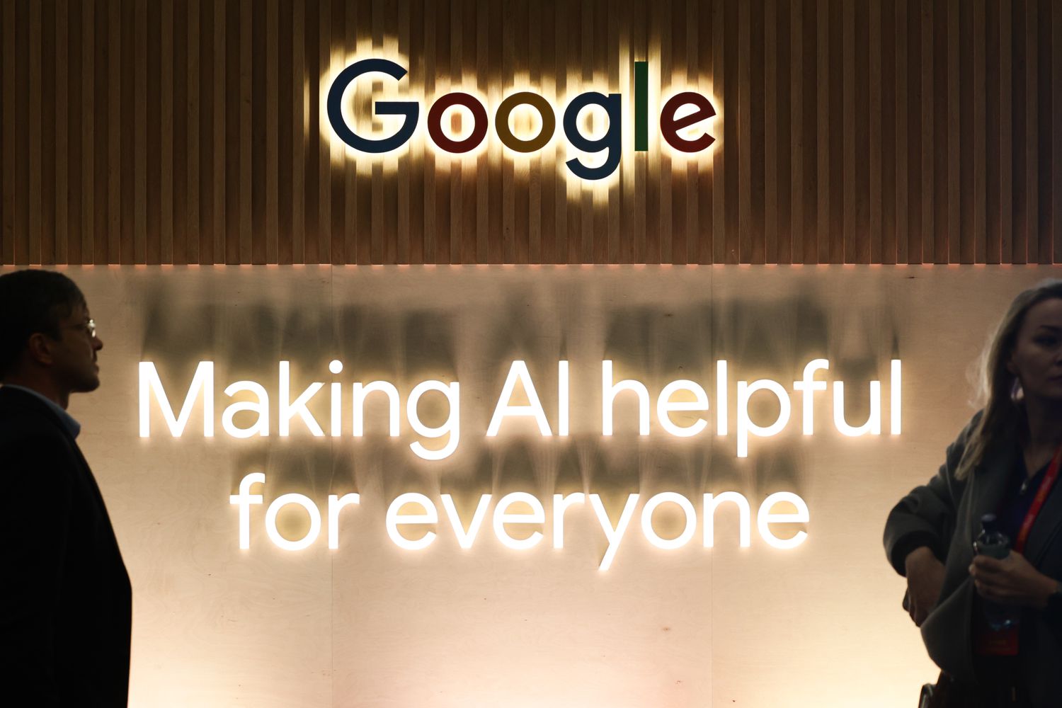 The Google logo on display during a conference. 