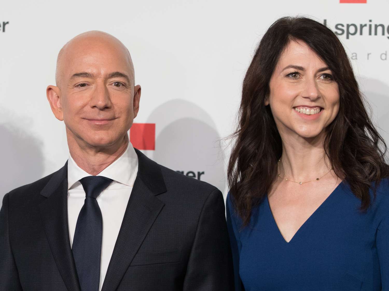Amazon CEO Jeff Bezos and his ex-wife MacKenzie Scott poses as they arrive at the headquarters of publisher Axel-Springer where he will receive the Axel Springer Award 2018 on April 24, 2018 in Berlin.