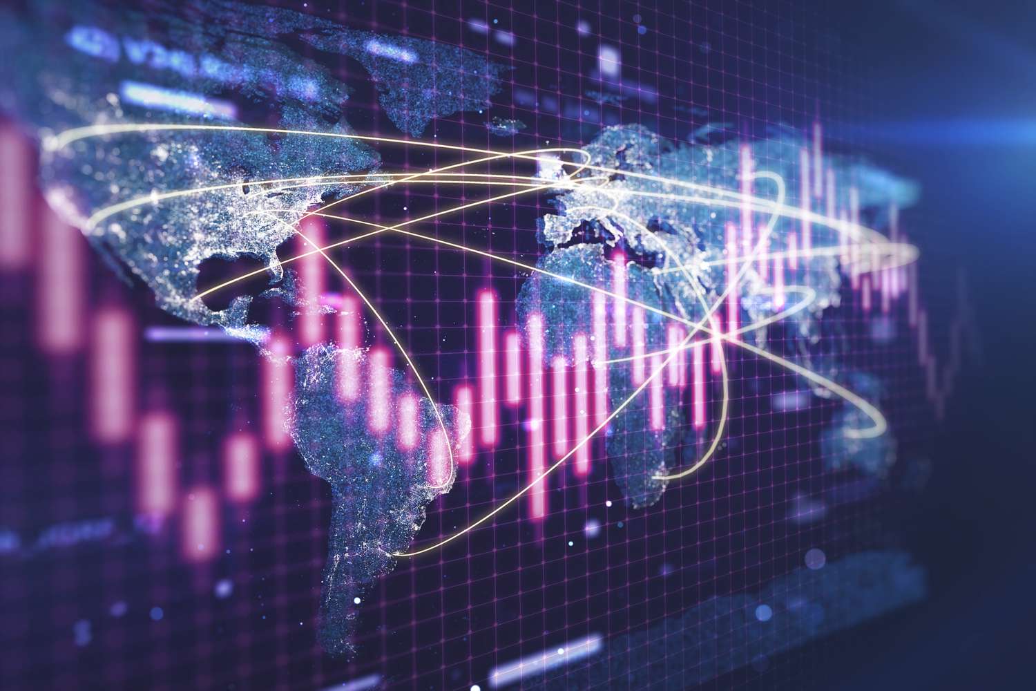 Digital rendering of global map with stock market indicators overlaid