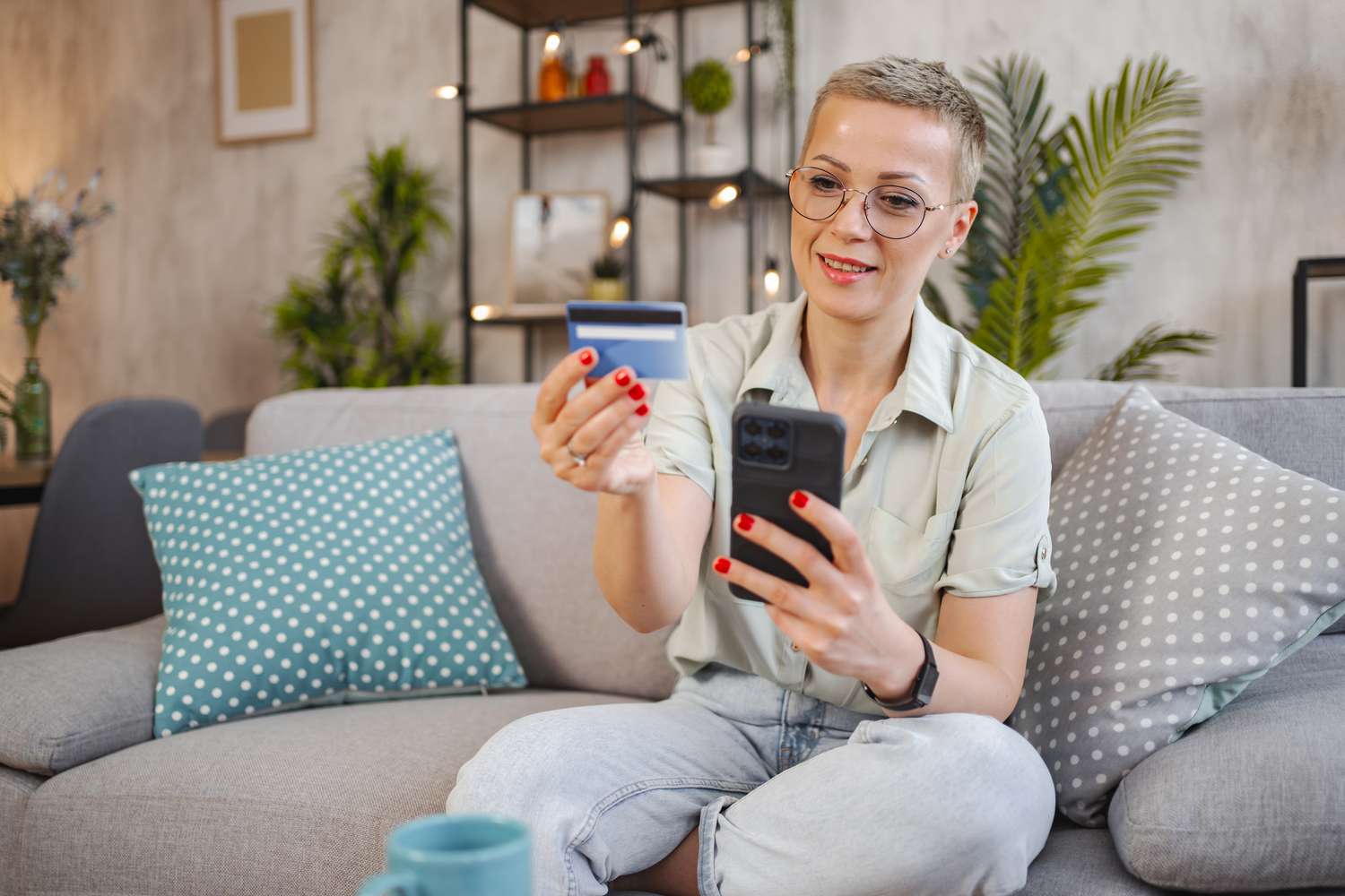 A woman sits on a couch, holding a bank card and mobile phone.
