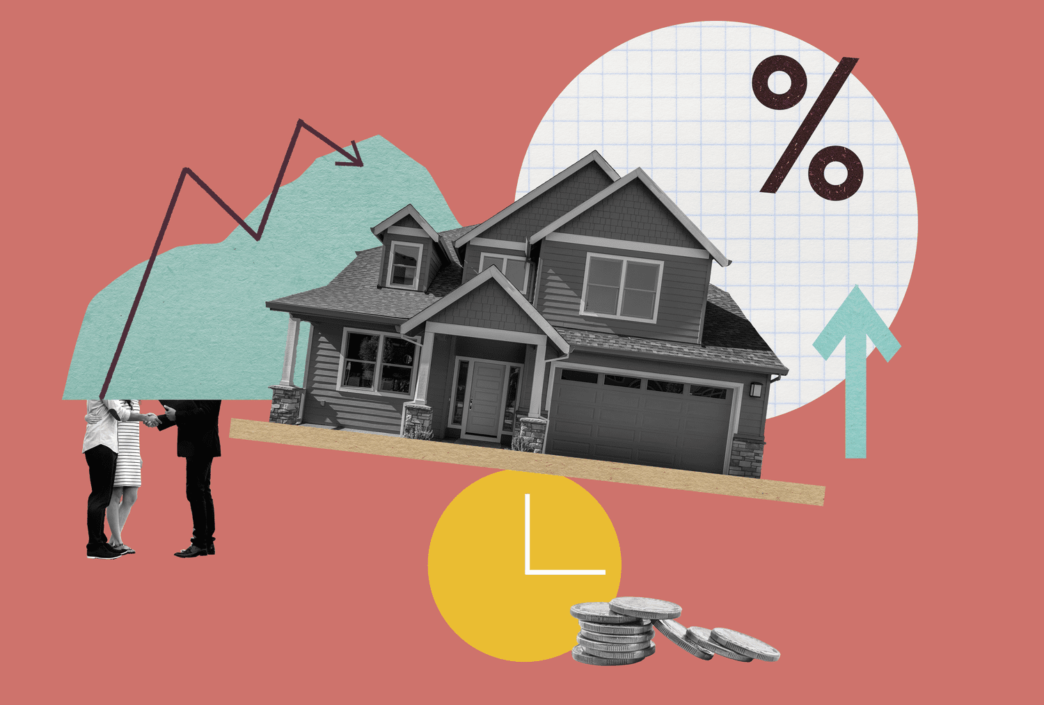 Collage of a house, upwards arrow, and people. 