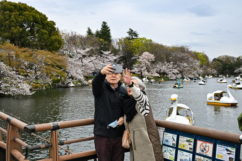 Two people taking a selfie on a bridge with cherry blossoms and paddle boats in the background