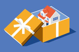 An open gift box revealing a house inside, representing gifting real estate or other financial assets.