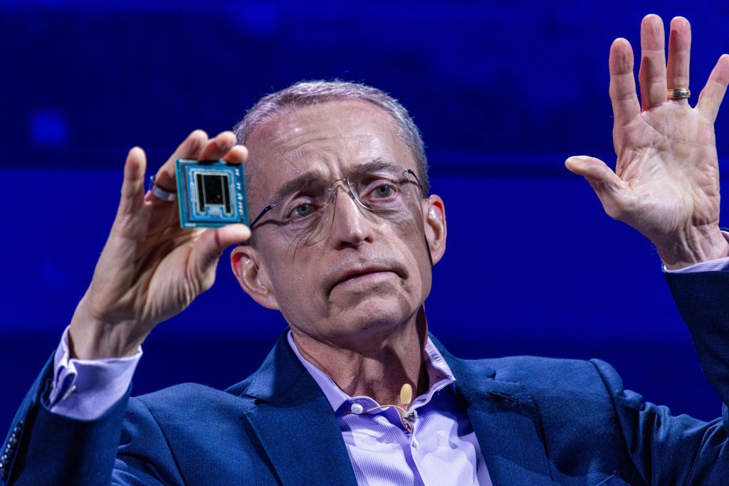 Pat Gelsinger, chief executive officer of Intel Corp., holds an artificial intelligence processor as he speaks during the Computex conference in Taipei, Taiwan, on June 4, 2024.