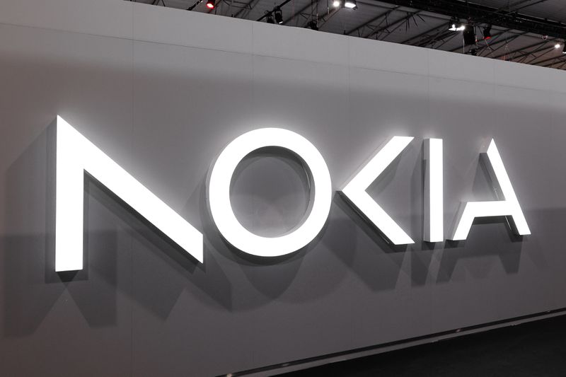 The Nokia Corporation logo is on display at their pavilion during the Mobile World Congress in Barcelona, Spain, on Feb. 28, 2024